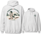 Ash gray hoodies with "Alpine Pals" logo and a dog print design.