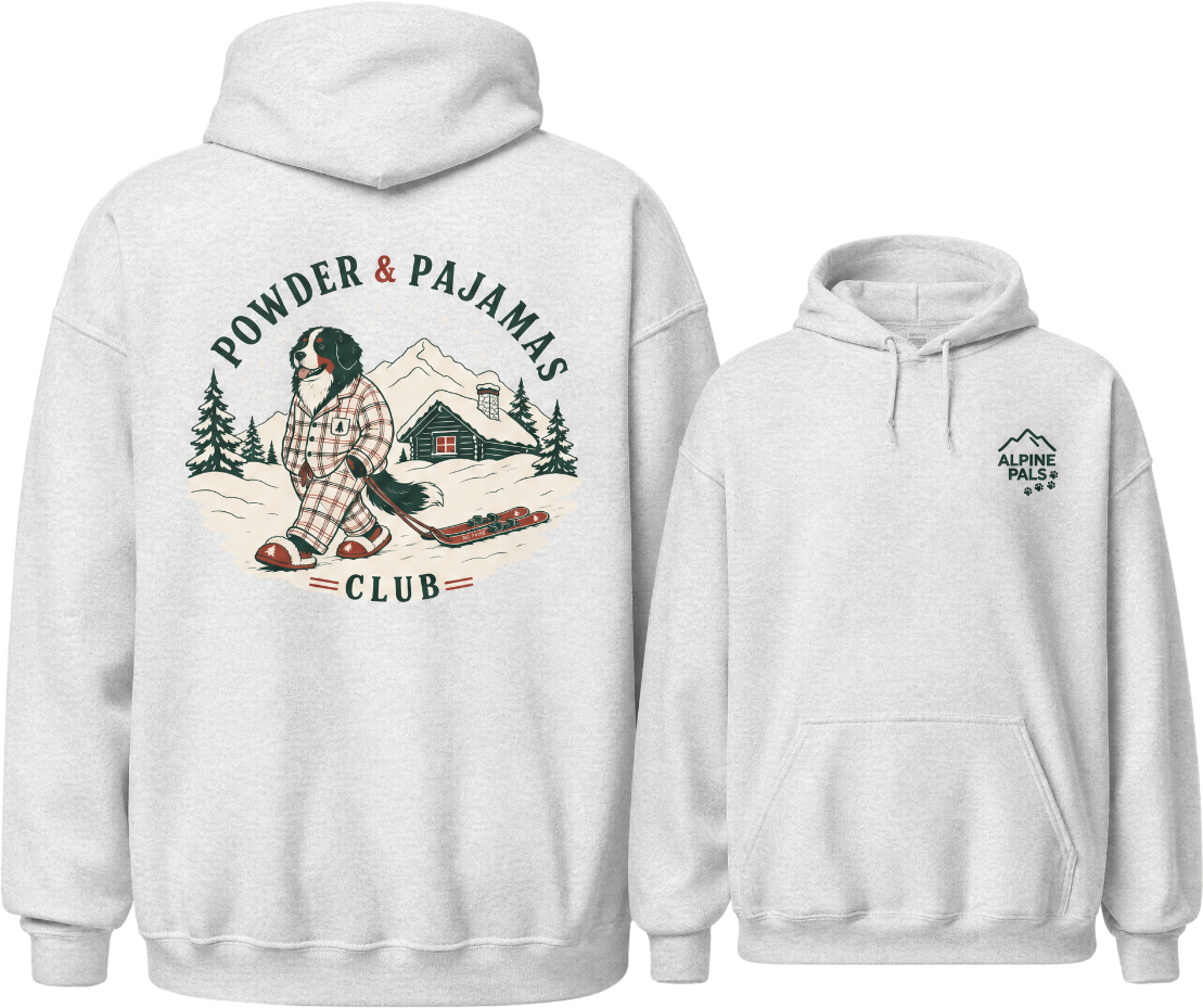 Ash gray hoodies with "Alpine Pals" logo and a dog print design.