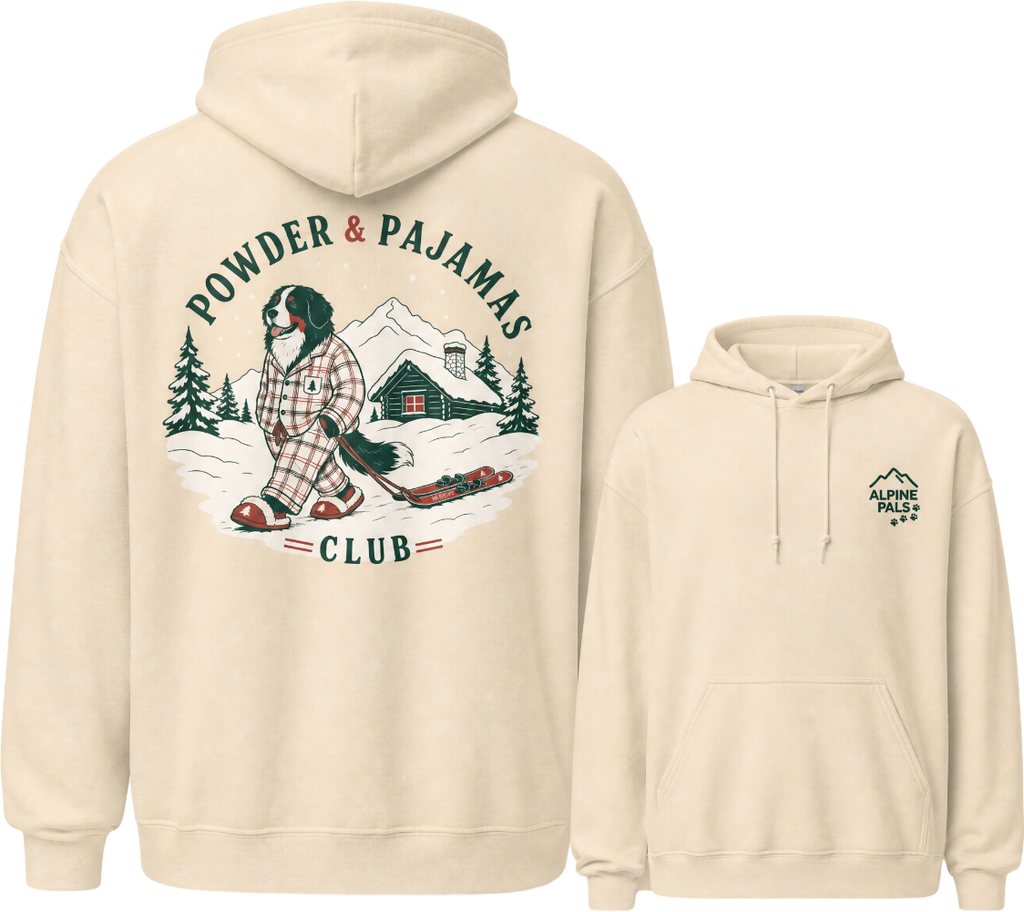 Sand colored hoodies with a design of a dog and 'POWDER & PAJAMAS CLUB' text.