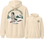 Sand colored hoodies with a design of a dog and 'POWDER & PAJAMAS CLUB' text.
