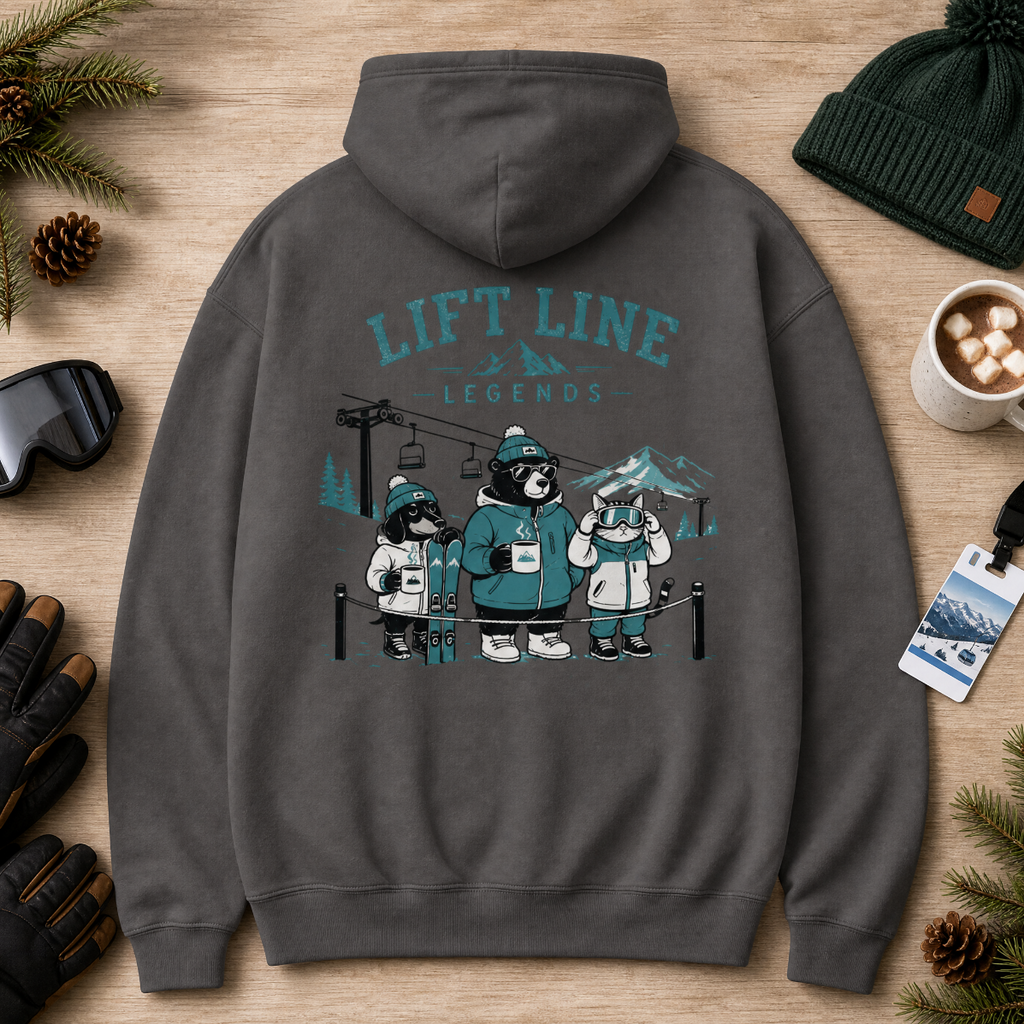 Charcoal gray hoodie with 'Lift Line Legends' design on a wooden surface with winter accessories.