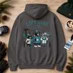 Charcoal gray hoodie with 'Lift Line Legends' design on a wooden surface with winter accessories.
