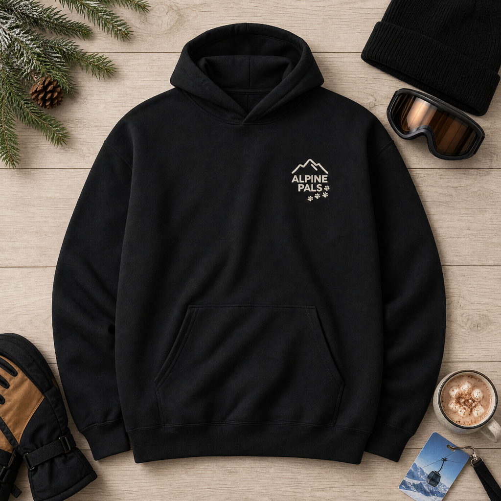 Black hoodie with 'Alpine Pals' logo on a wooden surface with winter accessories.