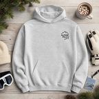 Sport grey hoodie with 'Alpine Pals' logo on a wooden surface with winter accessories.