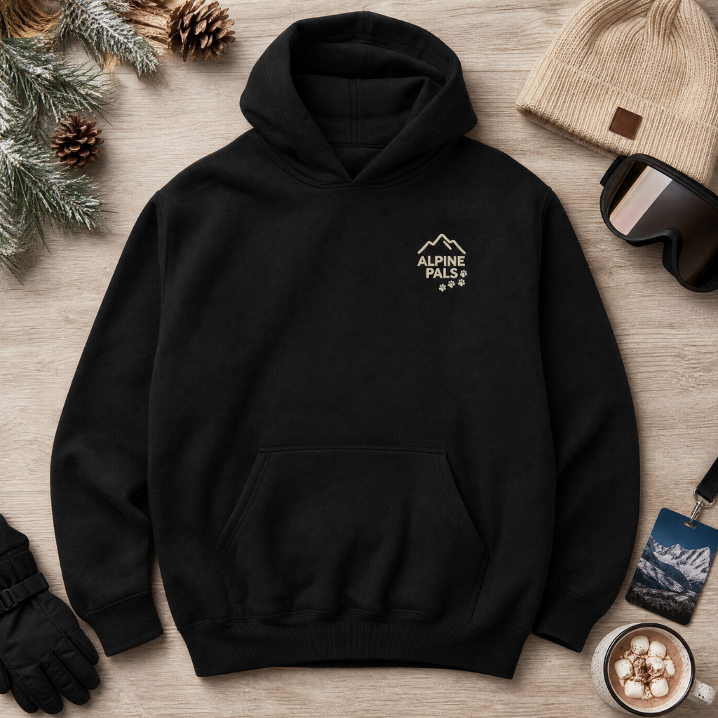 Black hoodie with 'Alpine Pals' logo on a wooden surface with winter accessories.