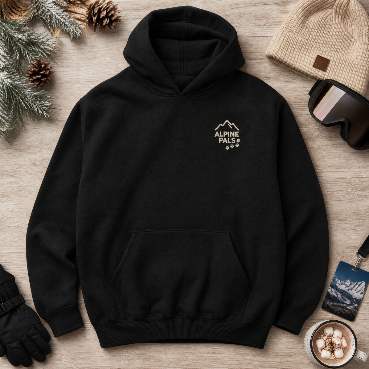Black hoodie with 'Alpine Pals' logo on a wooden surface with winter accessories.