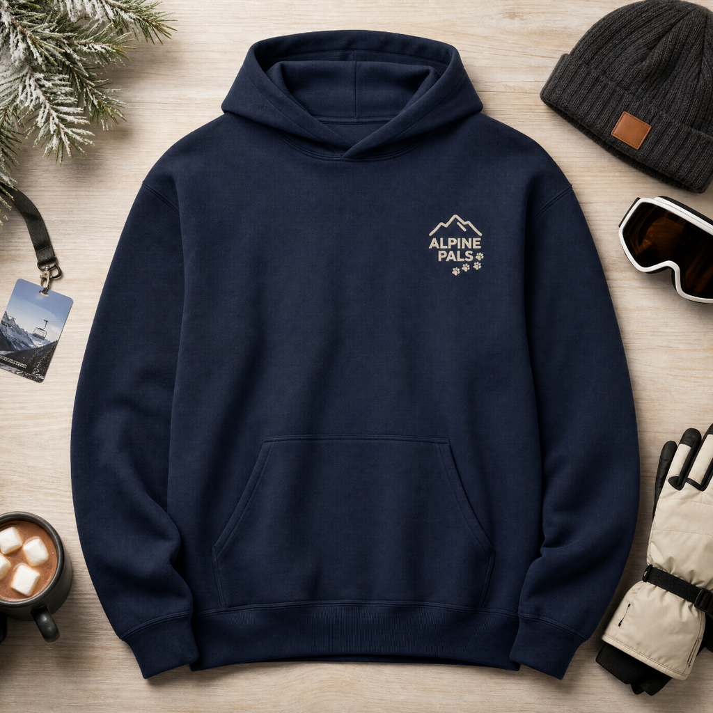 Navy blue hoodie with 'Alpine Palis' logo on a wooden surface with winter accessories.