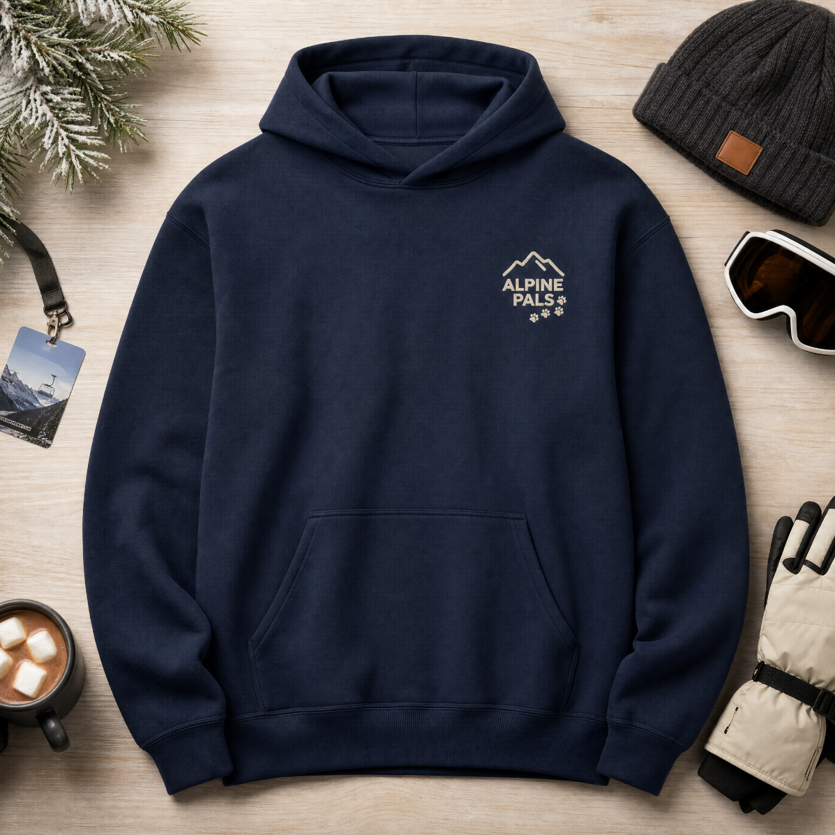 Navy blue hoodie with 'Alpine Palis' logo on a wooden surface with winter accessories.