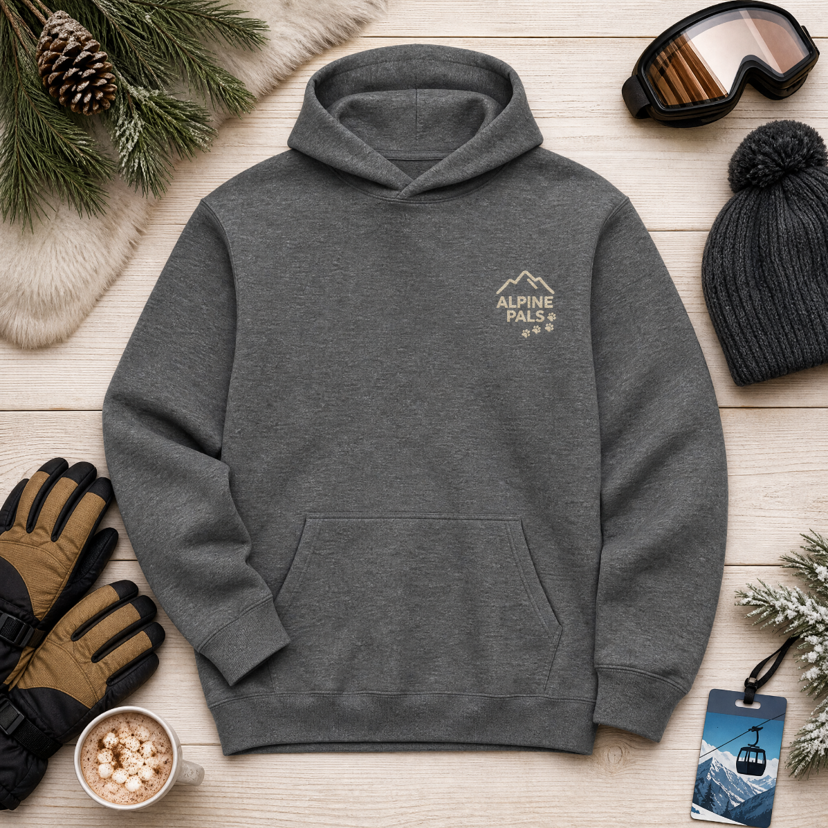 Graphite gray hoodie with 'Alpine Pals' logo on a wooden surface with winter accessories.