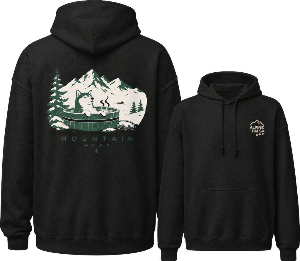 Black hoodie with mountain graphic on the back and brand logo on the front, displayed on a white background.