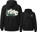 Black hoodie with mountain graphic on the back and brand logo on the front, displayed on a white background.