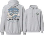 Sport grey hoodie with a graphic of a dog in a window and 'Snowed In & Loving It' text on the front, and a logo on the back.