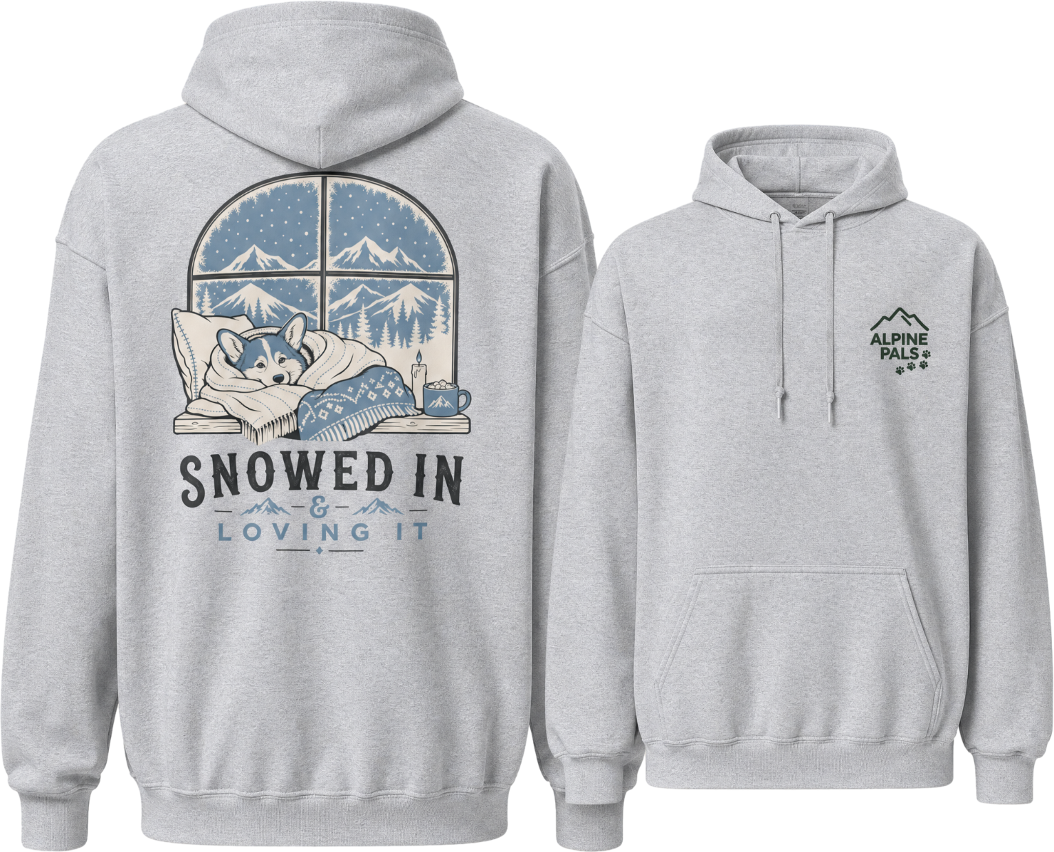 Sport grey hoodie with a graphic of a dog in a window and 'Snowed In & Loving It' text on the front, and a logo on the back.