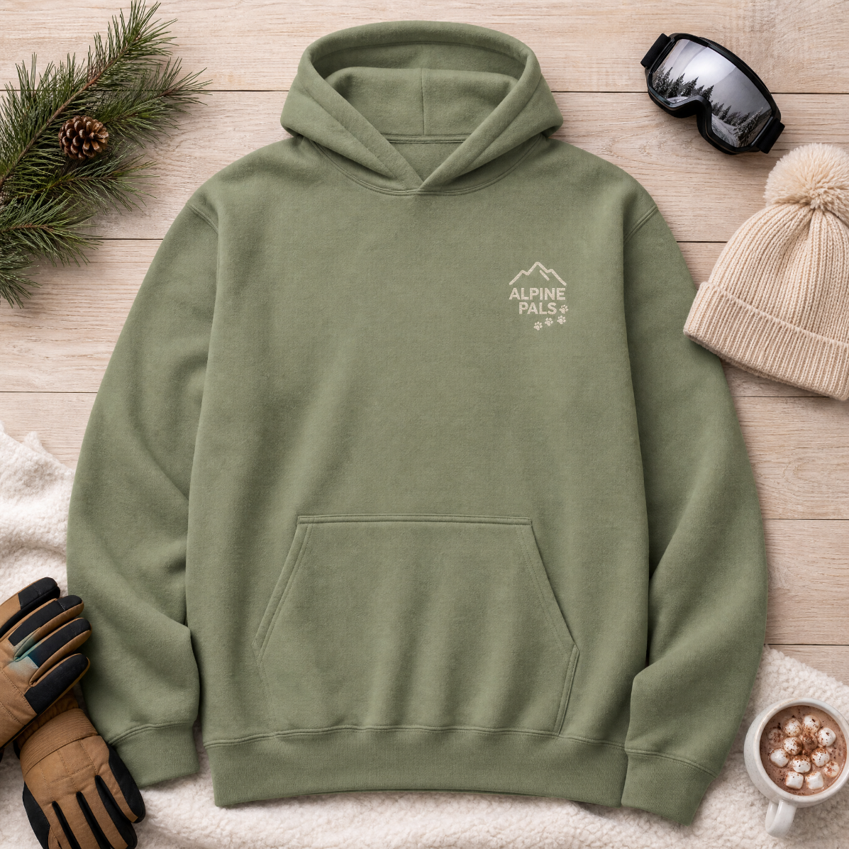 Military green hoodie with 'Alpine Pals' logo laid down on a wooden surface with winter accessories.