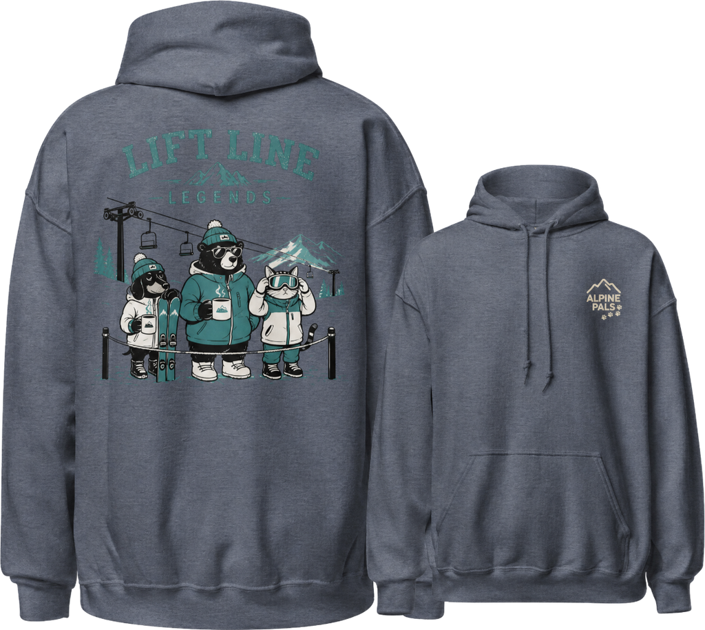 Heather sport dark navy hoodie with front and back designs, featuring cartoon characters and text.