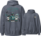 Heather sport dark navy hoodie with front and back designs, featuring cartoon characters and text.