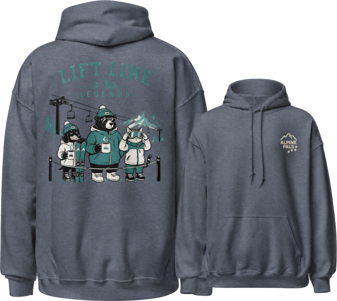 Heather sport dark navy hoodie with front and back designs, featuring cartoon characters and text.