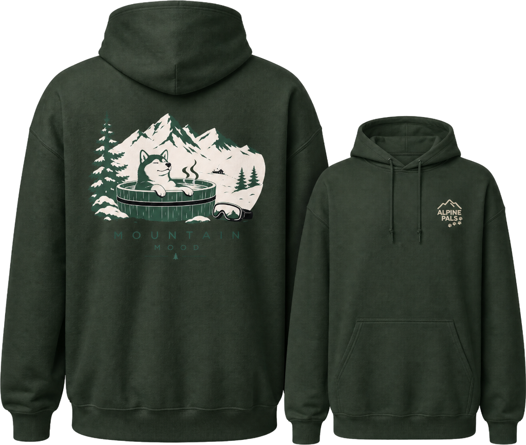 Forest green hoodie with mountain and dog graphic on front, brand logo on back