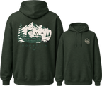 Forest green hoodie with mountain and dog graphic on front, brand logo on back