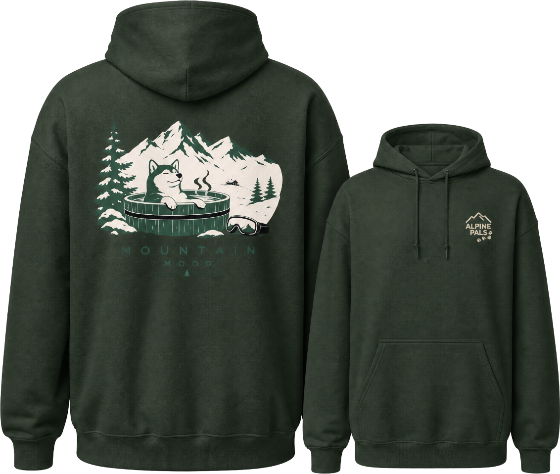 Forest green hoodie with mountain and dog graphic on front, brand logo on back