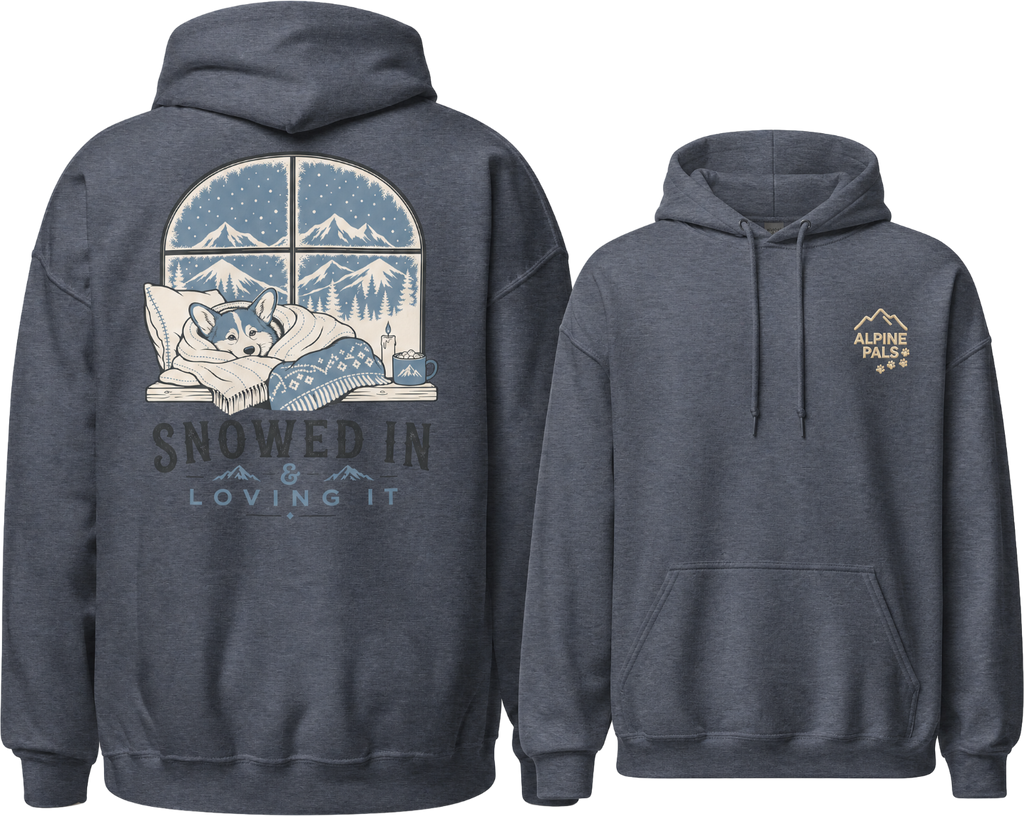 Heather sport dark navy hoodie with a front and back design, featuring a mountain and cabin scene on the back.