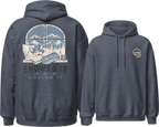 Heather sport dark navy hoodie with a front and back design, featuring a mountain and cabin scene on the back.