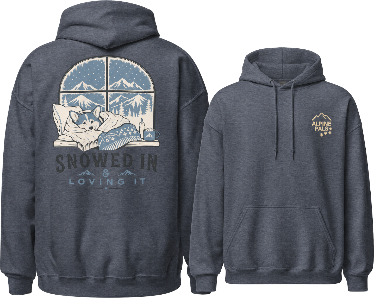 Heather sport dark navy hoodie with a front and back design, featuring a mountain and cabin scene on the back.