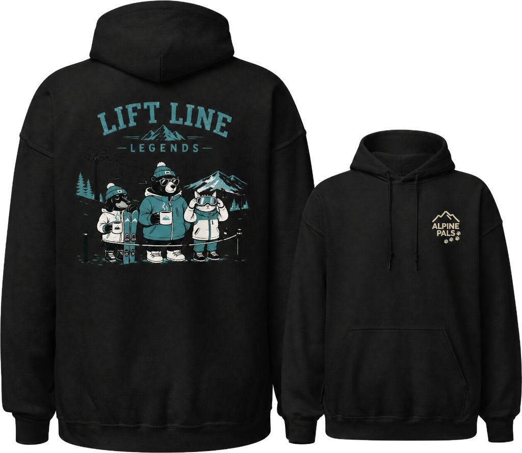 Black hoodie with 'Lift Line Legends' graphic on the back and 'Alpine Pals' logo on the chest.