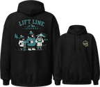 Black hoodie with 'Lift Line Legends' graphic on the back and 'Alpine Pals' logo on the chest.