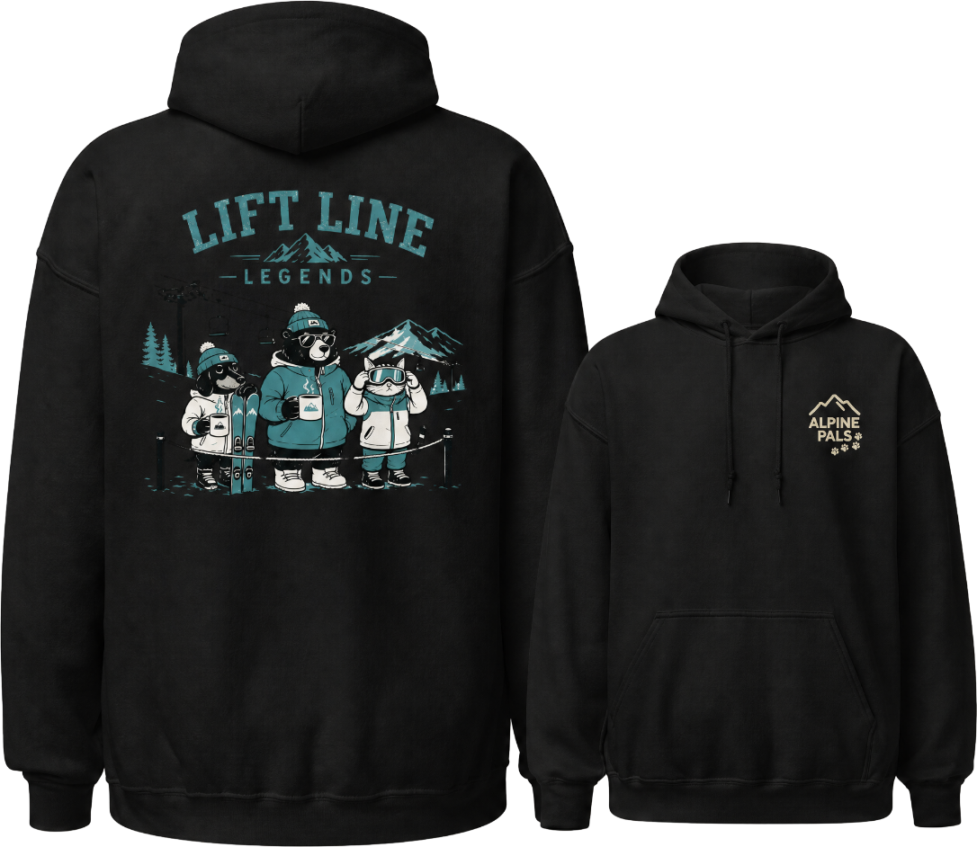 Black hoodie with 'Lift Line Legends' graphic on the back and 'Alpine Pals' logo on the chest.