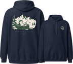 Navy blue hoodie with mountain and paw print design on the back, brand logo on the front.