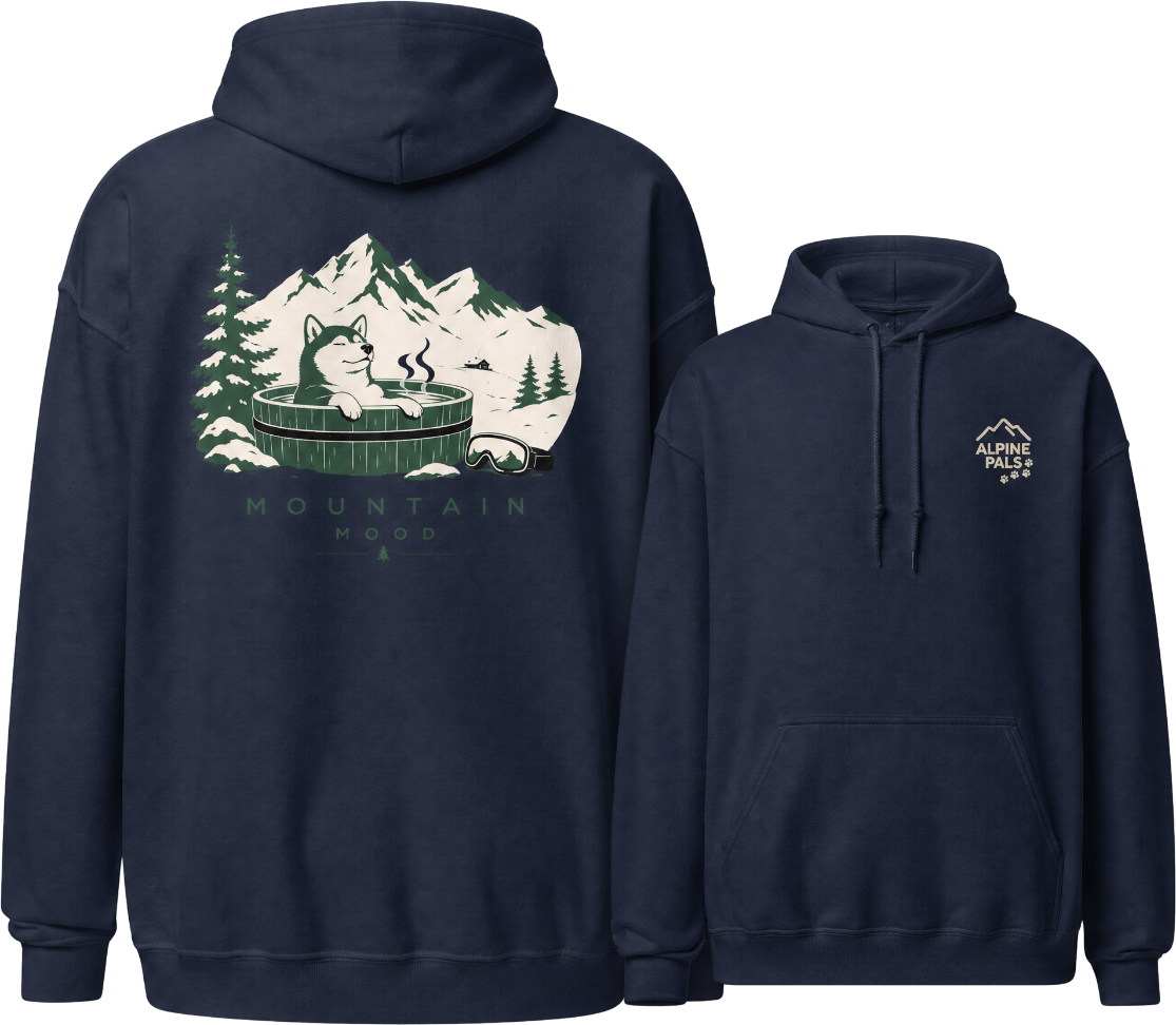 Navy blue hoodie with mountain and paw print design on the back, brand logo on the front.