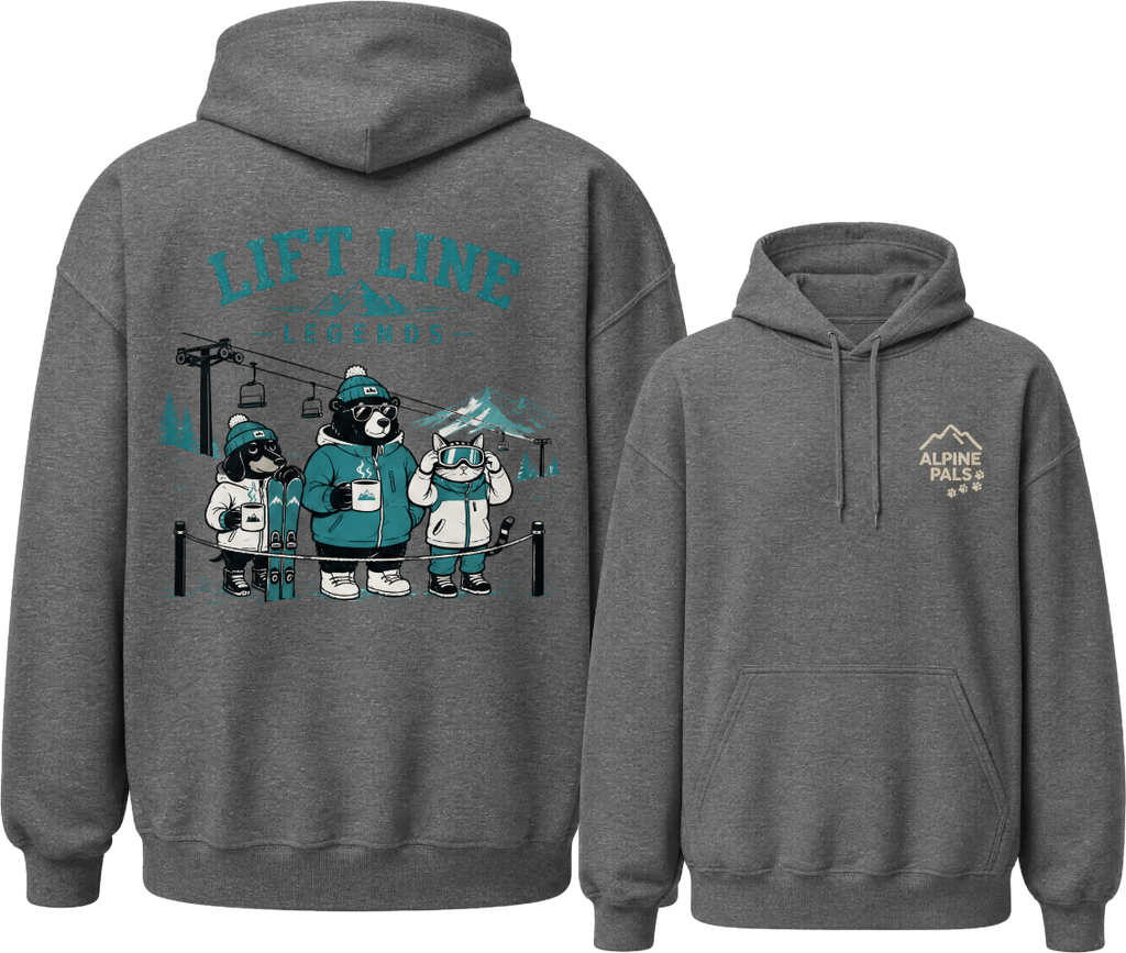 Graphite gray hoodie with cartoon bears and 'Lift Line' text on the back, displayed from front and back views.