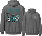 Graphite gray hoodie with cartoon bears and 'Lift Line' text on the back, displayed from front and back views.