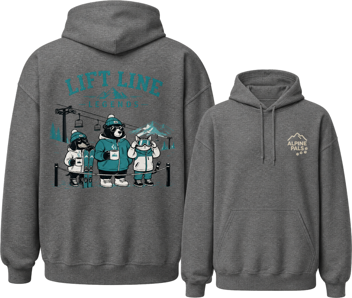 Graphite gray hoodie with cartoon bears and 'Lift Line' text on the back, displayed from front and back views.