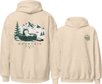 Sand colored hoodie with mountain-themed design on the back, displayed from front and back views.