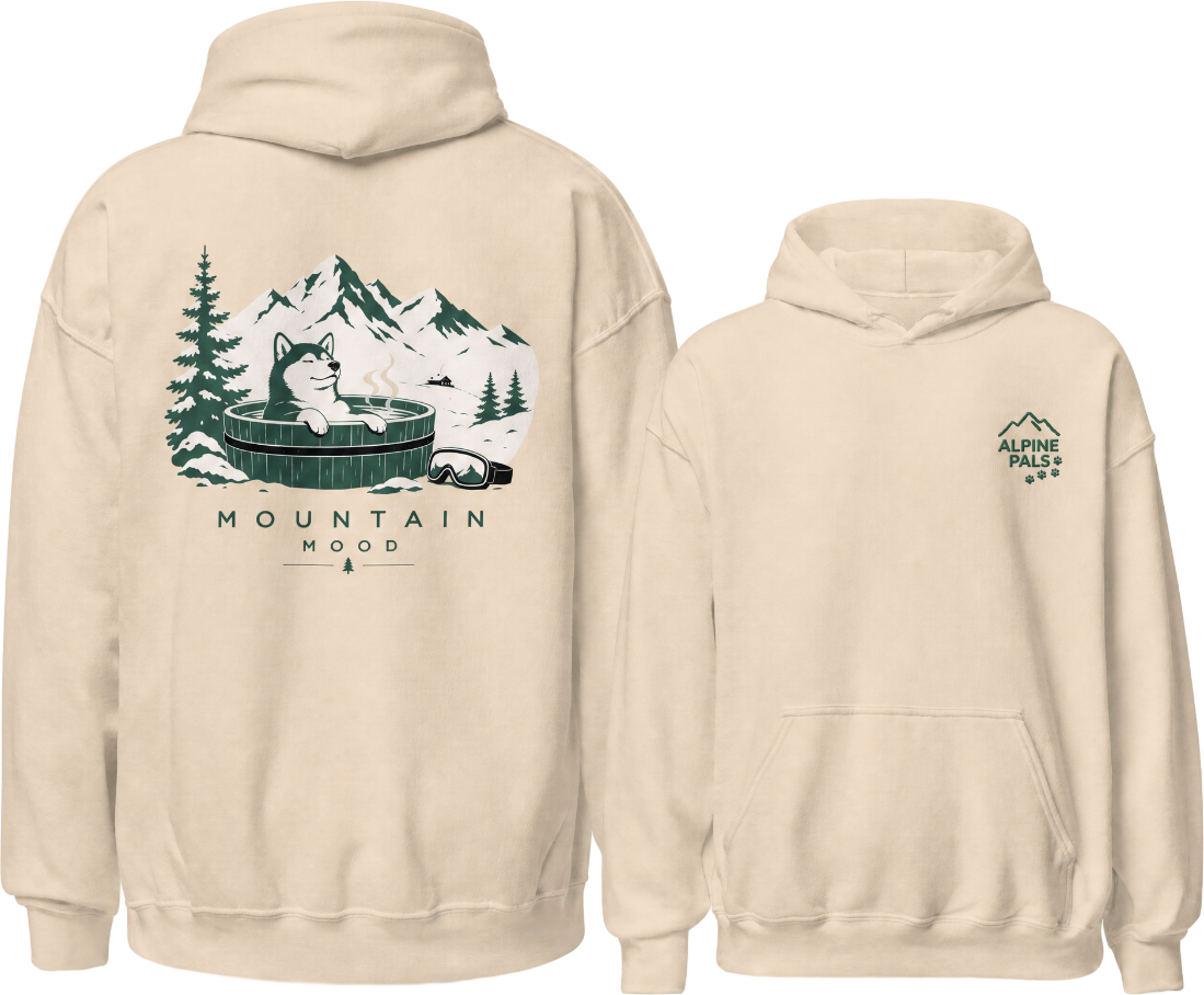 Sand colored hoodie with mountain-themed design on the back, displayed from front and back views.