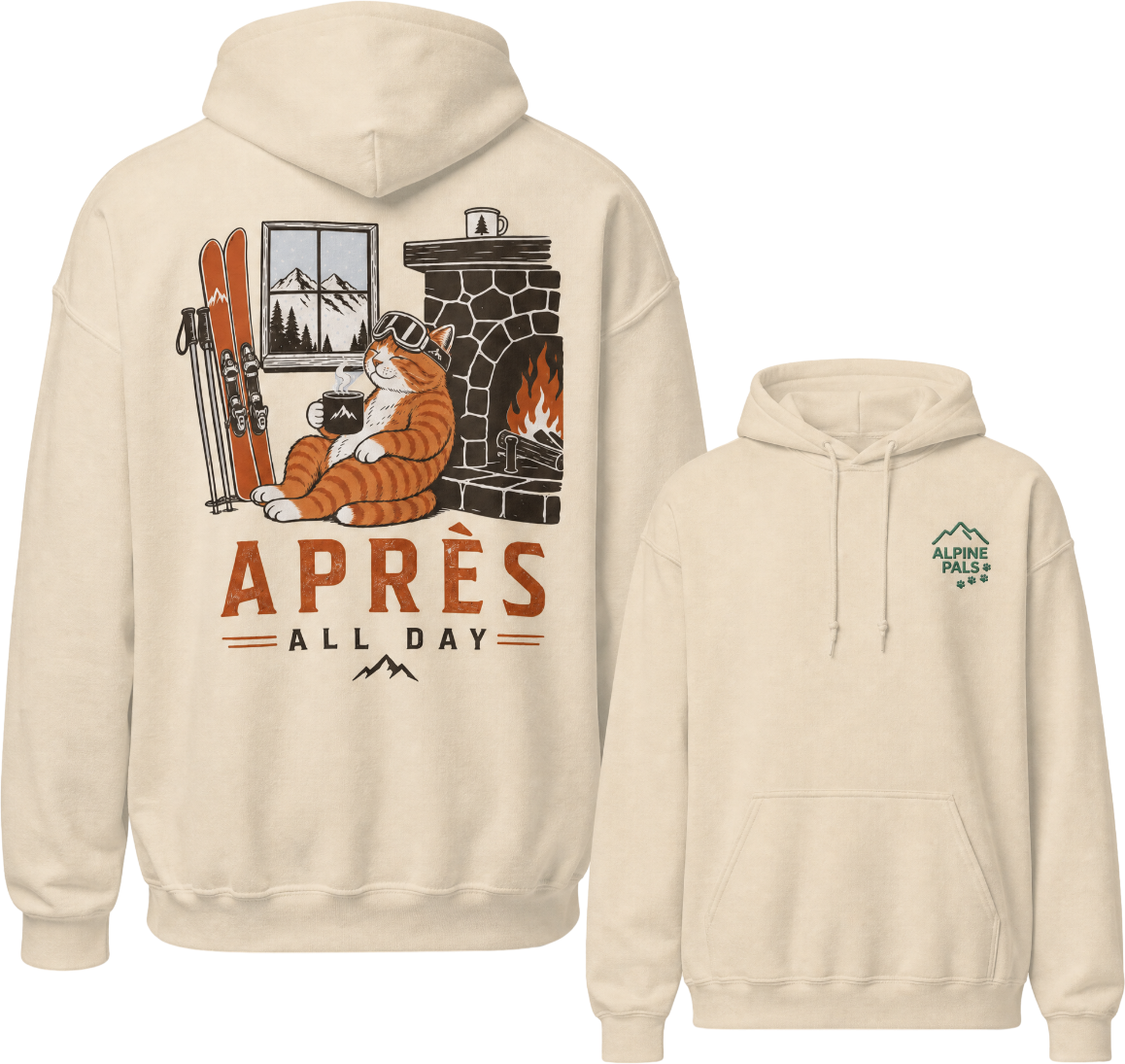 Sand colored hoodie with a graphic of a cat by a fireplace and skis, with 'Apres All Day' text on the front, and a logo on the sleeve.