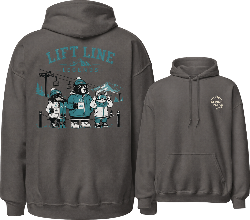 Charcoal gray hoodie with front and back graphics on a white background