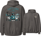 Charcoal gray hoodie with front and back graphics on a white background