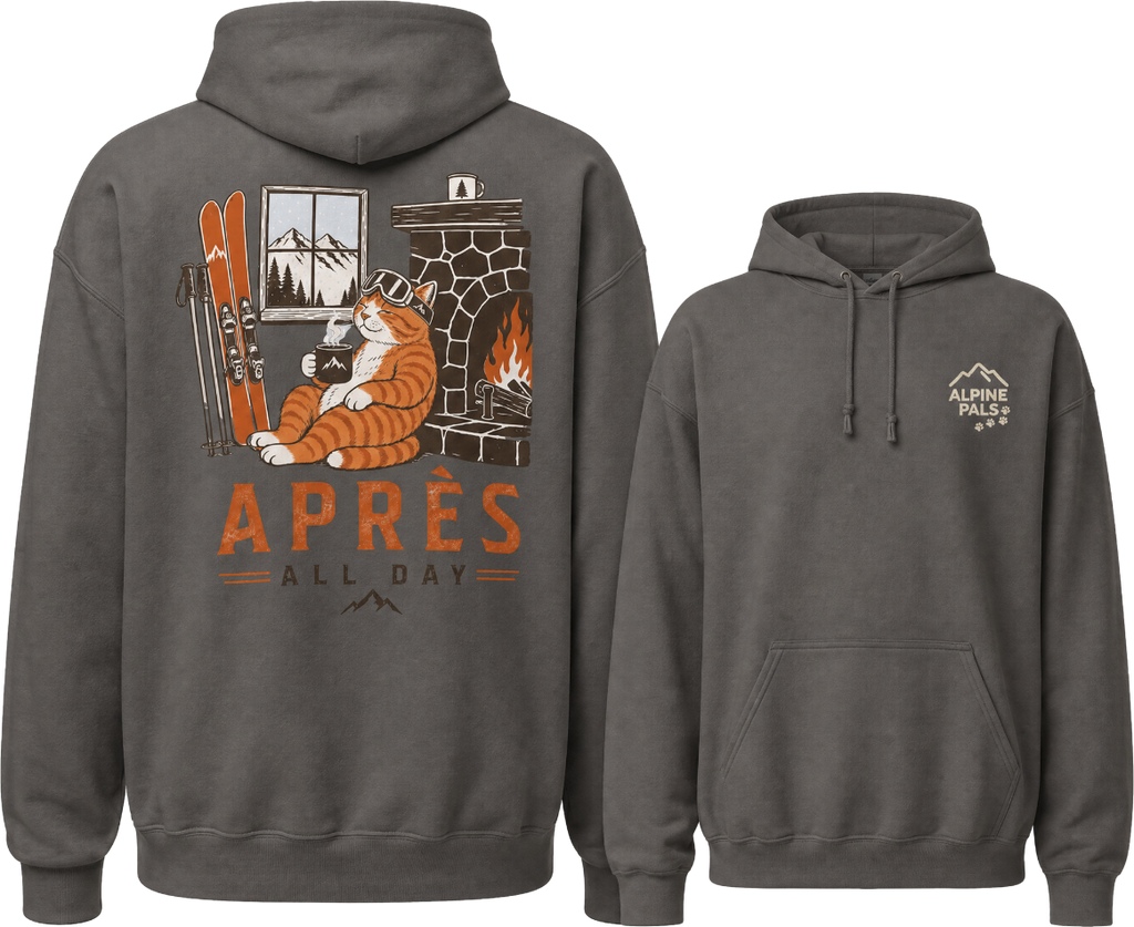 Charcoal gray hoodie with fox graphic and 'APRES ALL DAY' text on the back, brand logo on the front.