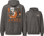 Charcoal gray hoodie with fox graphic and 'APRES ALL DAY' text on the back, brand logo on the front.
