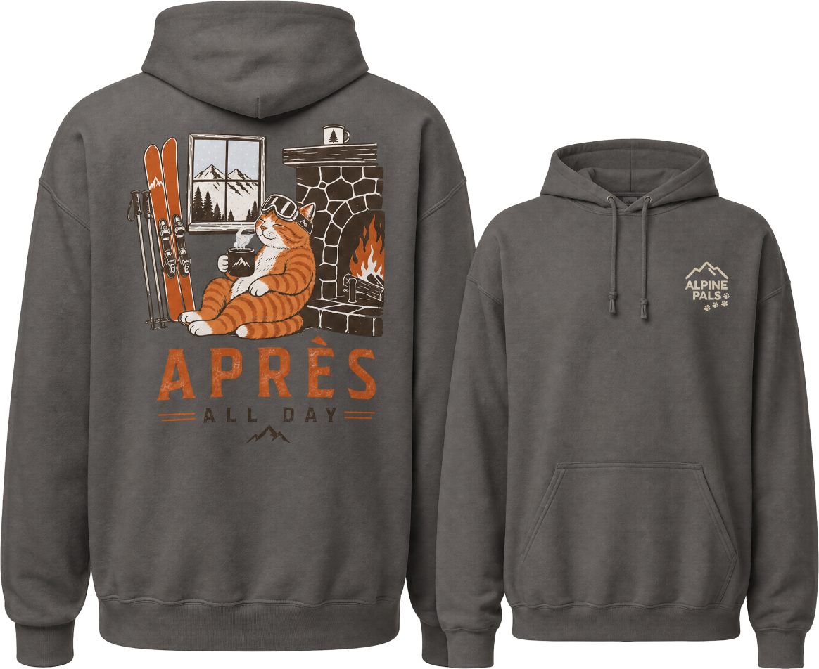Charcoal gray hoodie with fox graphic and 'APRES ALL DAY' text on the back, brand logo on the front.