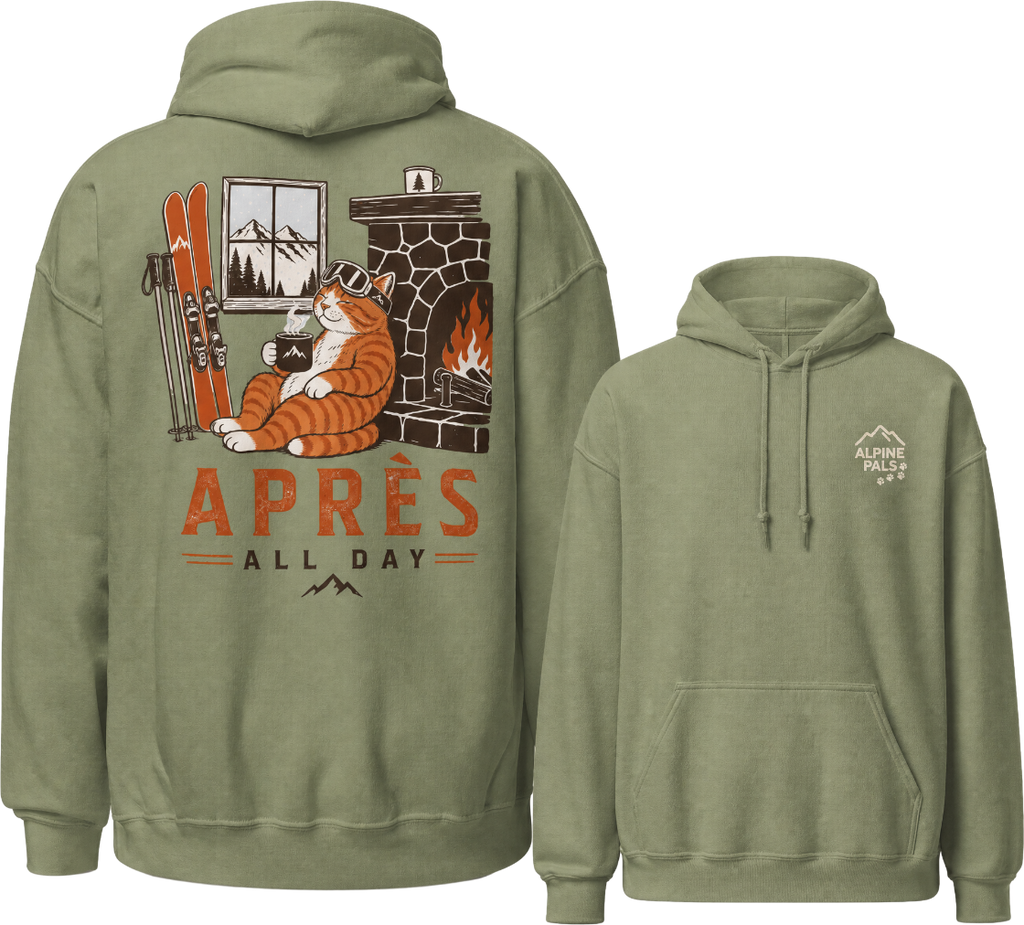 Military green hoodie with 'Alpine Pals' logo on the front and a design with a cat holding a hot mug.