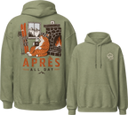 Military green hoodie with 'Alpine Pals' logo on the front and a design with a cat holding a hot mug.