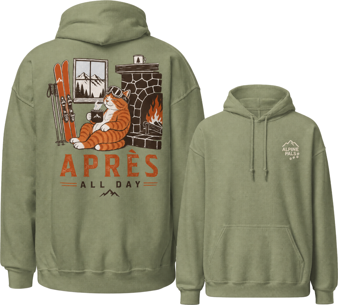 Military green hoodie with 'Alpine Pals' logo on the front and a design with a cat holding a hot mug.