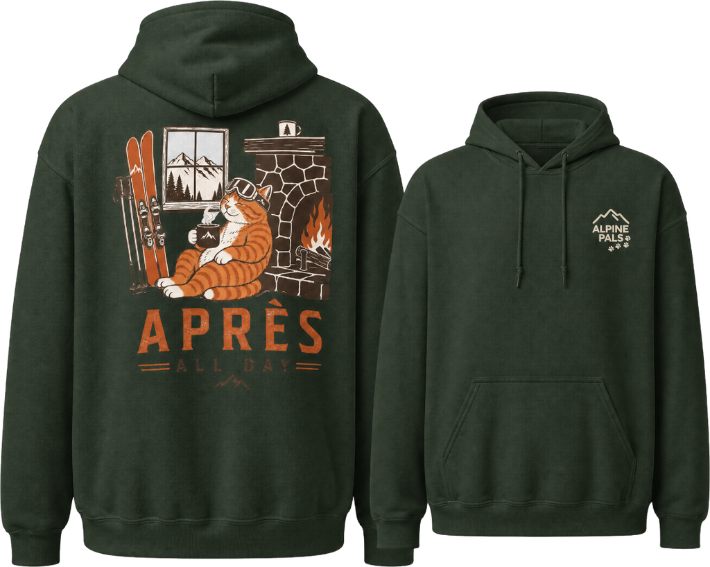 Forest green hoodie with a cat graphic and 'Apres All Day' text on the back, displayed from front and back views.