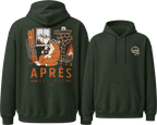 Forest green hoodie with a cat graphic and 'Apres All Day' text on the back, displayed from front and back views.
