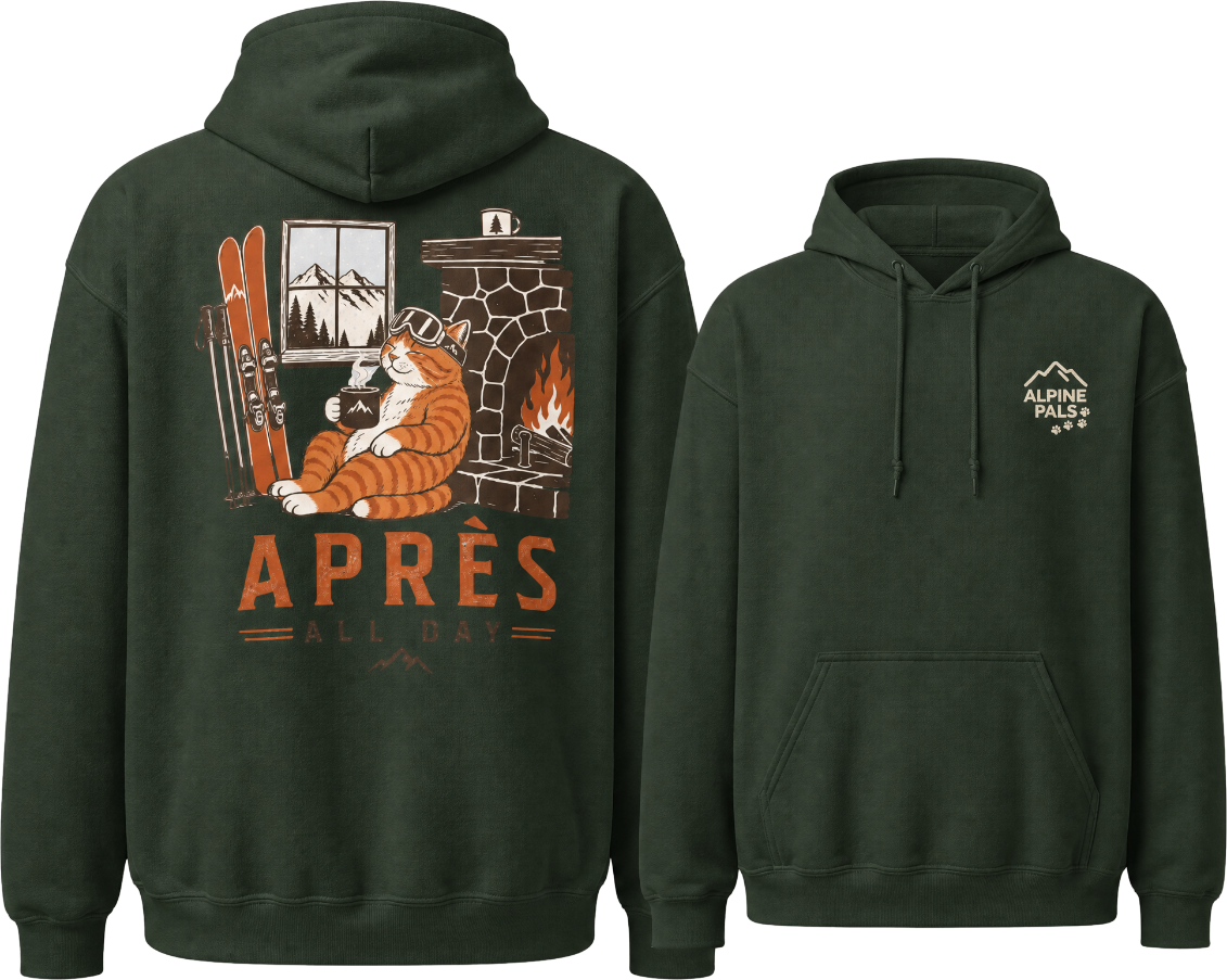 Forest green hoodie with a cat graphic and 'Apres All Day' text on the back, displayed from front and back views.