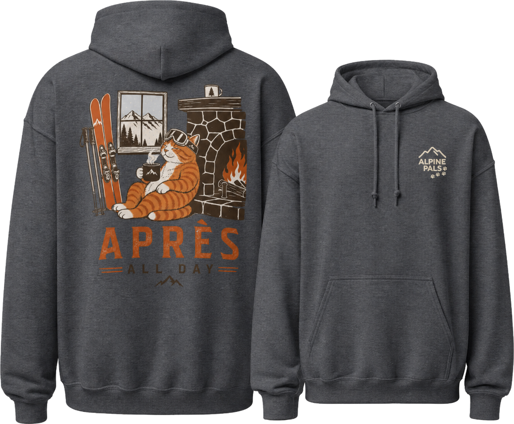 Dark heather gray hoodie with 'Apres All Day' graphic on the back and Alpine Wolf logo on the front, displayed from two angles.